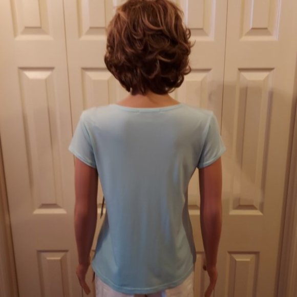 NOTATIONS LIGHT AQUA SHORT SLEEVE V-NECK WITH GATHERS FLARED TUNIC SIZE S NWT - Picture 3 of 8